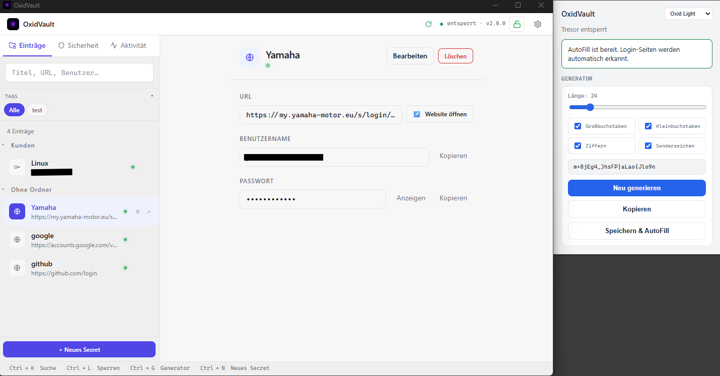 Screenshot der OxidVault Browser-Erweiterung