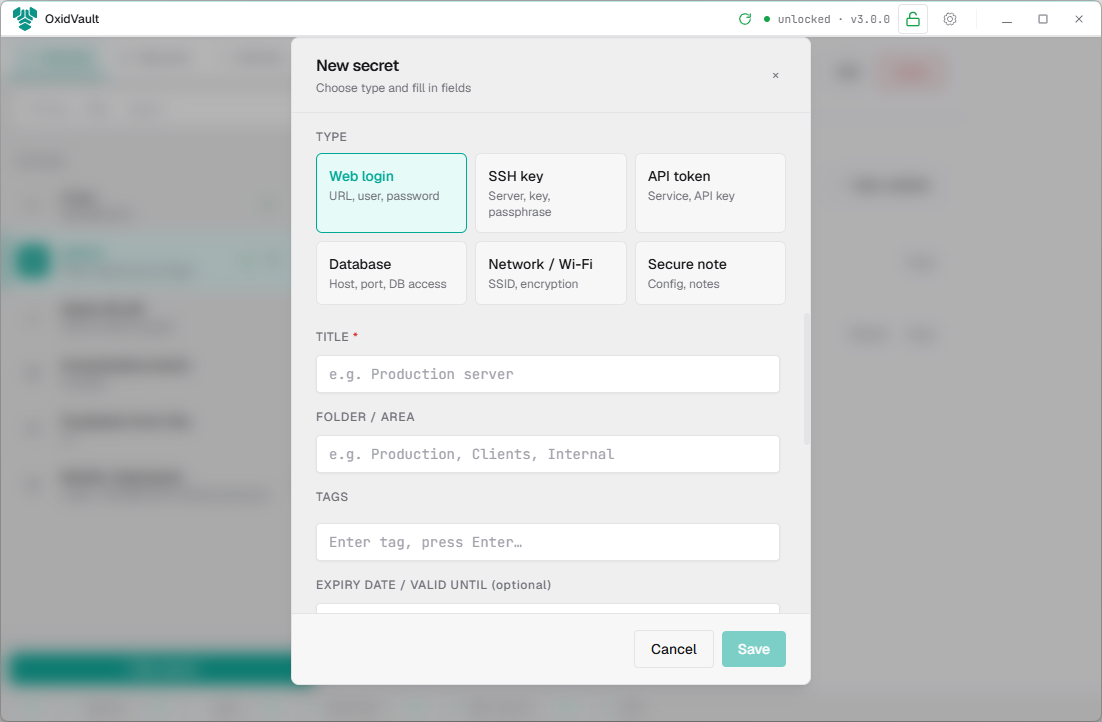 Dialog for selecting the secret type in OxidVault: web login, SSH key, API token, database, network/Wi-Fi, secure note